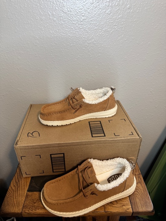 Hey Dude Shoes - Women’s Hey Dude Tan Suede Shearling-Lined Slip-Ons